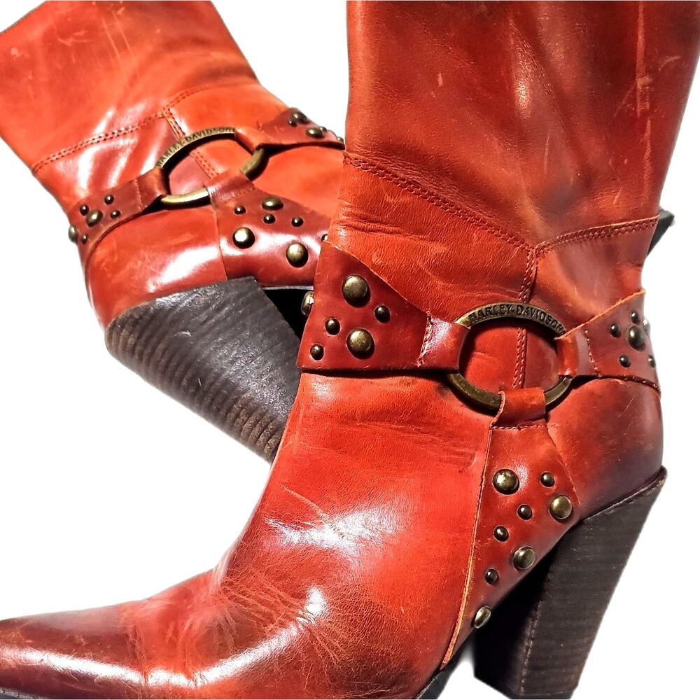 Harley-Davidson Women's Orange Leather Western Mid-Calf Studded Boots 10